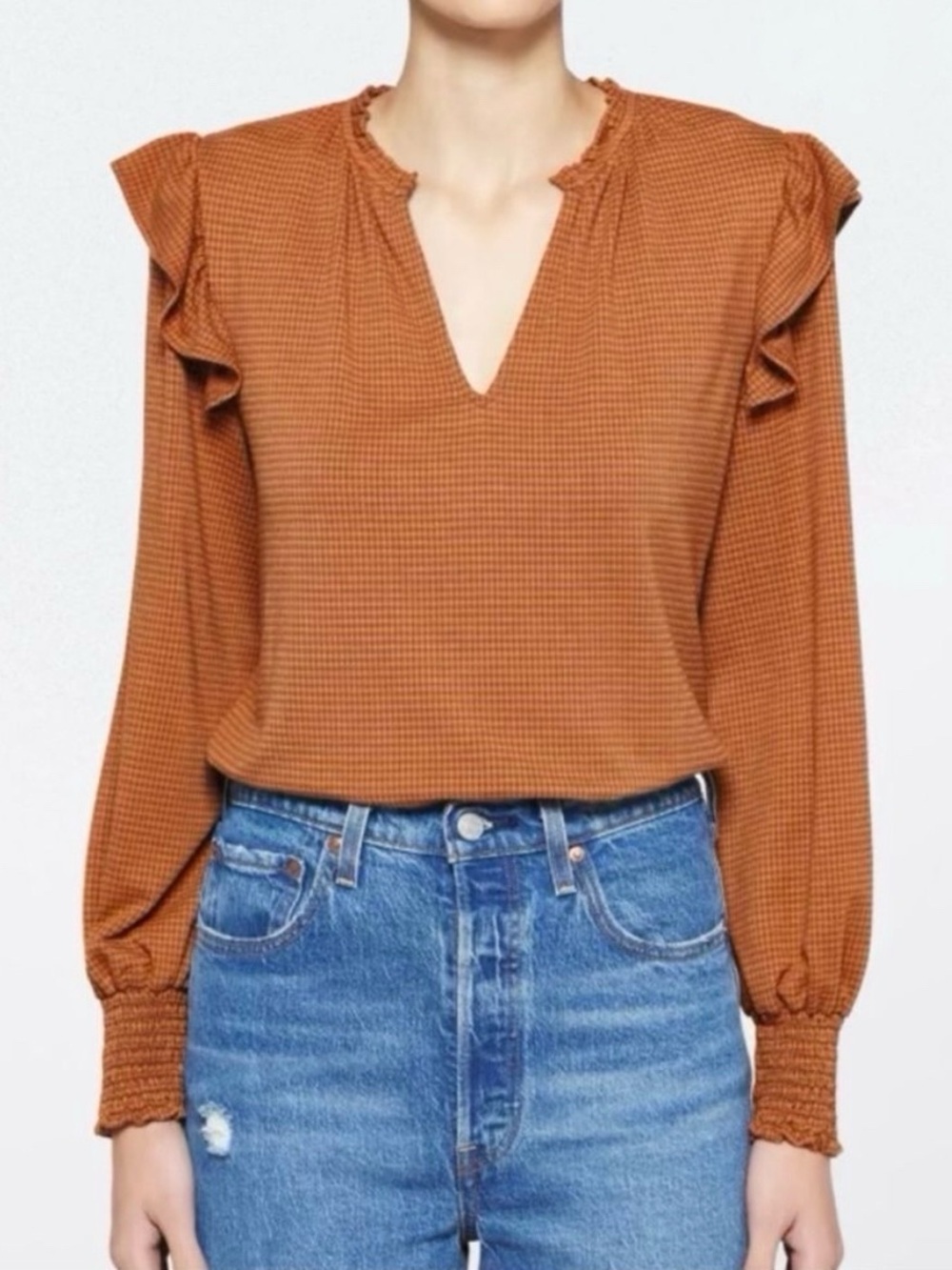 NWT Kaileigh Stitch Fix Charleston Ruffle Detail Knit Top Rust Orange Check New